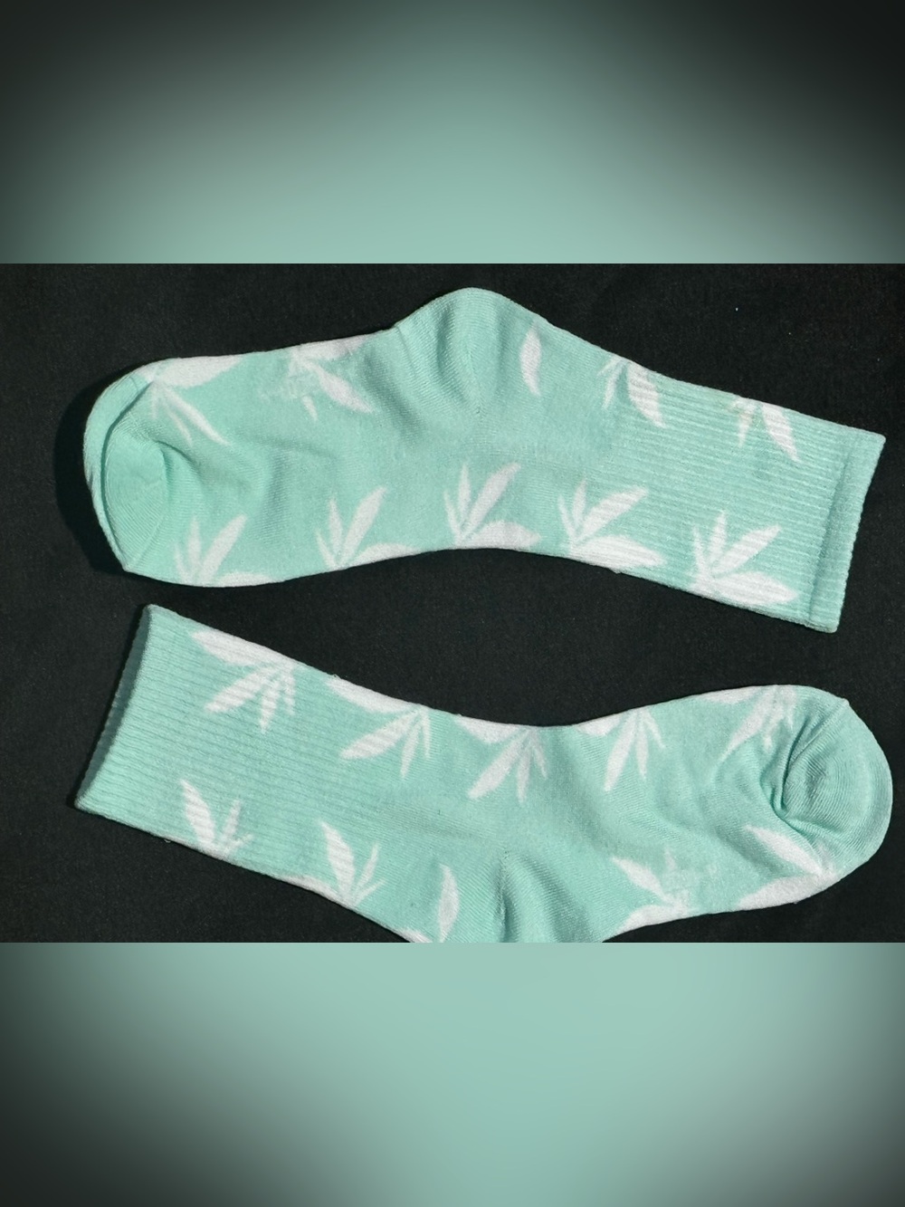Women’s Mint Green Crew Socks with White Leaf Pattern